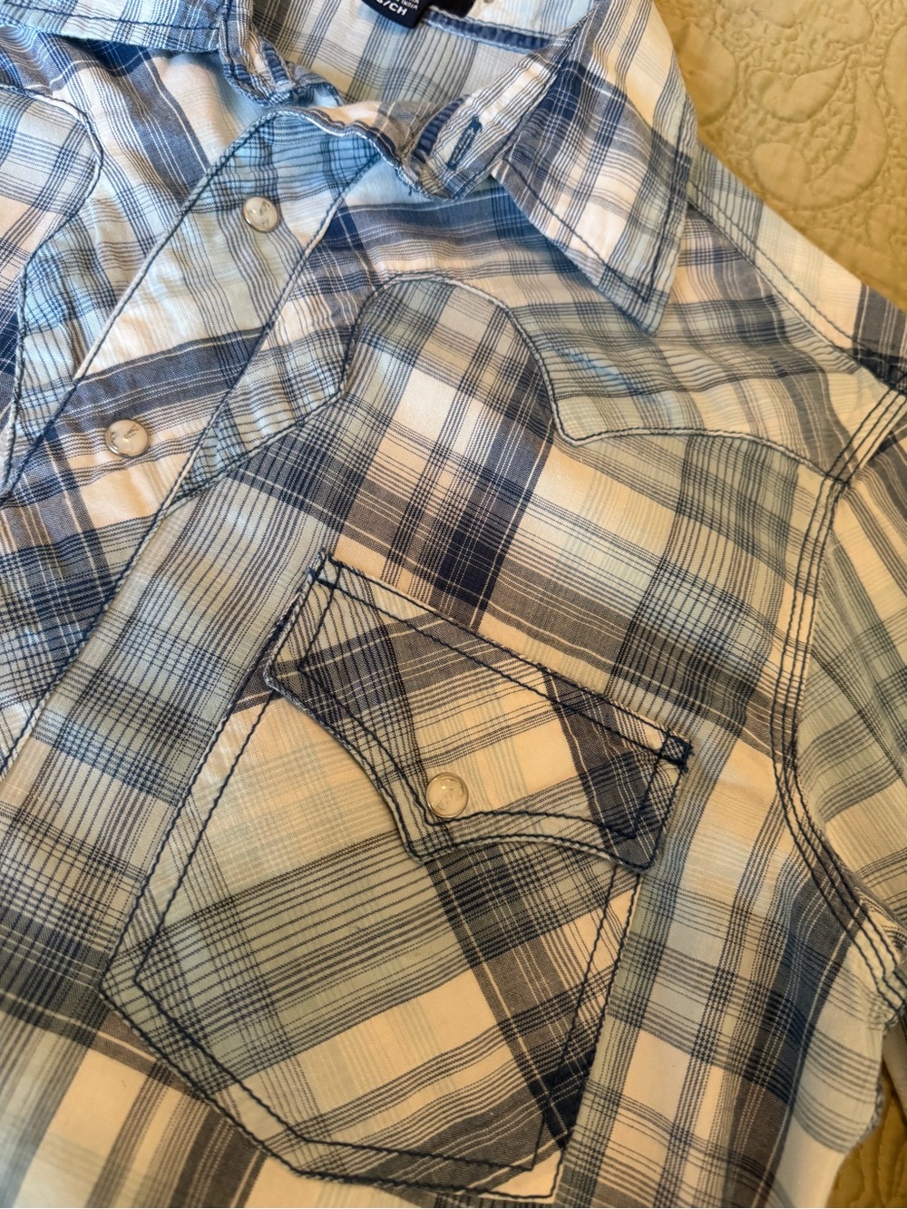 Arizona Jean Co. Blue Plaid Western Cowgirl Scalloped Yoke Pearl Snap Shirt, S - Picture 6 of 13